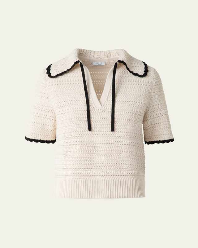Boxy Knit Cotton Crochet Polo Top